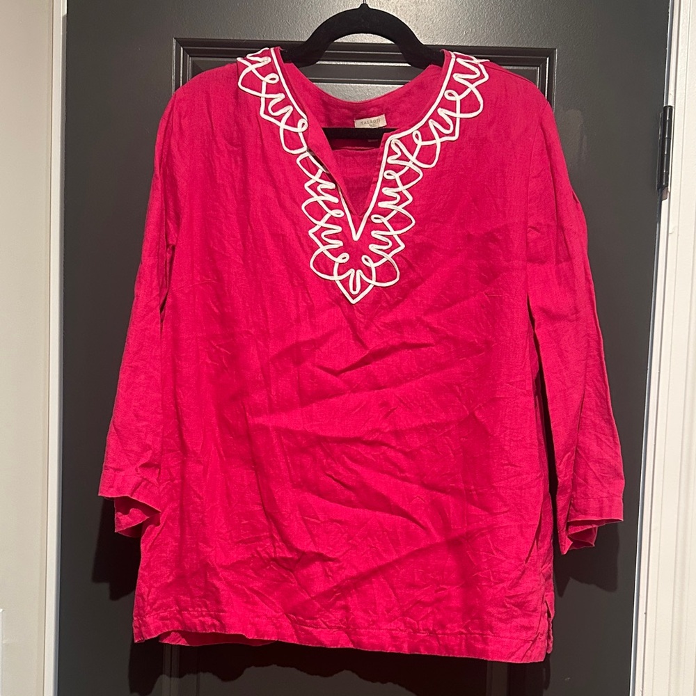 Talbots Women’s Pink Embroidered V-Neck Tunic Top